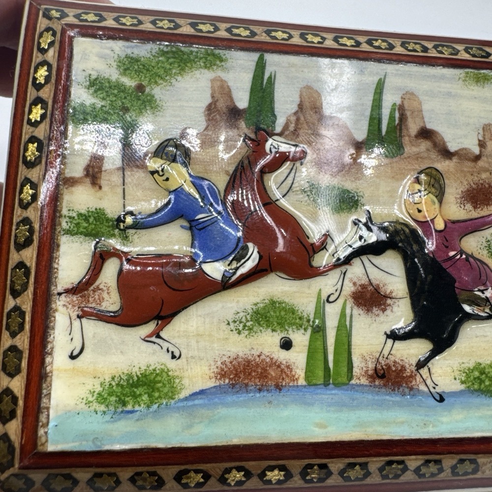 Persian‎ Khatam Wood Trinket Box Hand Made Inlaid With Hunting Scenes On Lid - Picture 5 of 16